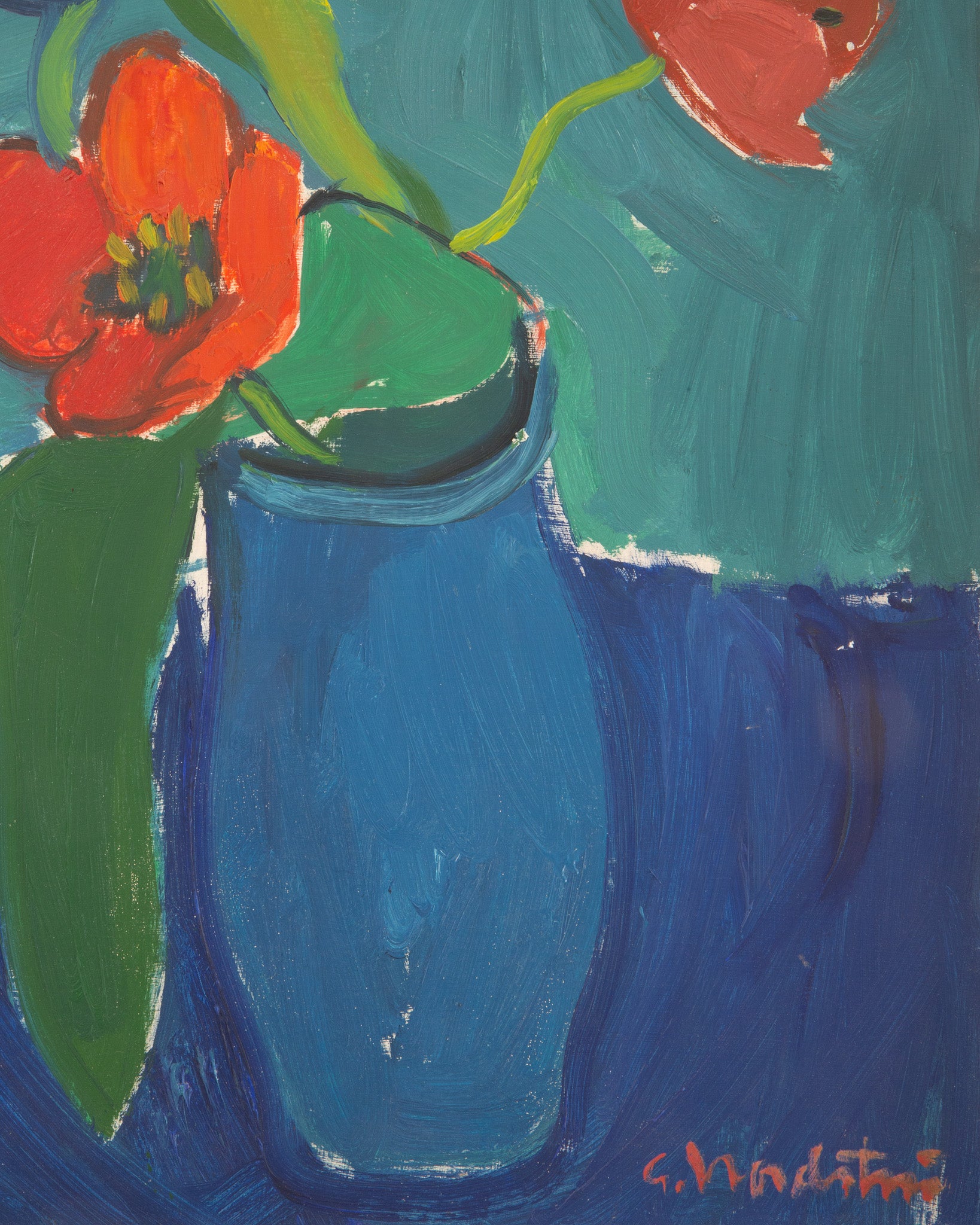 Original mid-century modern floral still life by celebrated Swedish artist Gerhard Nordström. Bold, vibrant colors and expressive brushwork make this signed oil painting a striking statement for any space.