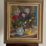 Colorful Florals with Black Vessel, Early Mid-Century