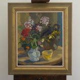 Colorful Florals with Black Vessel, Early Mid-Century