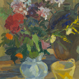 Colorful Florals with Black Vessel, Early Mid-Century
